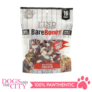 KIND REWARDS 9633 Bare Bones Knotted 2" Chicken Flavor 100% Rawhide Free With Real Chicken Treats Inside Small Dog Treats 264g