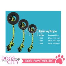 Load image into Gallery viewer, PAWISE 14705 Toss and Tug Tire with Rope Dog Toy 14inches
